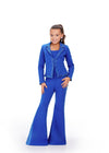 ASHLEYlauren 8209 – A fun and fabulous scuba two-piece jumpsuit featuring press-on stone trim along the jacket and pant legs, with stylish flare pant legs for a bold, fashion-forward look. Perfect for making a statement!