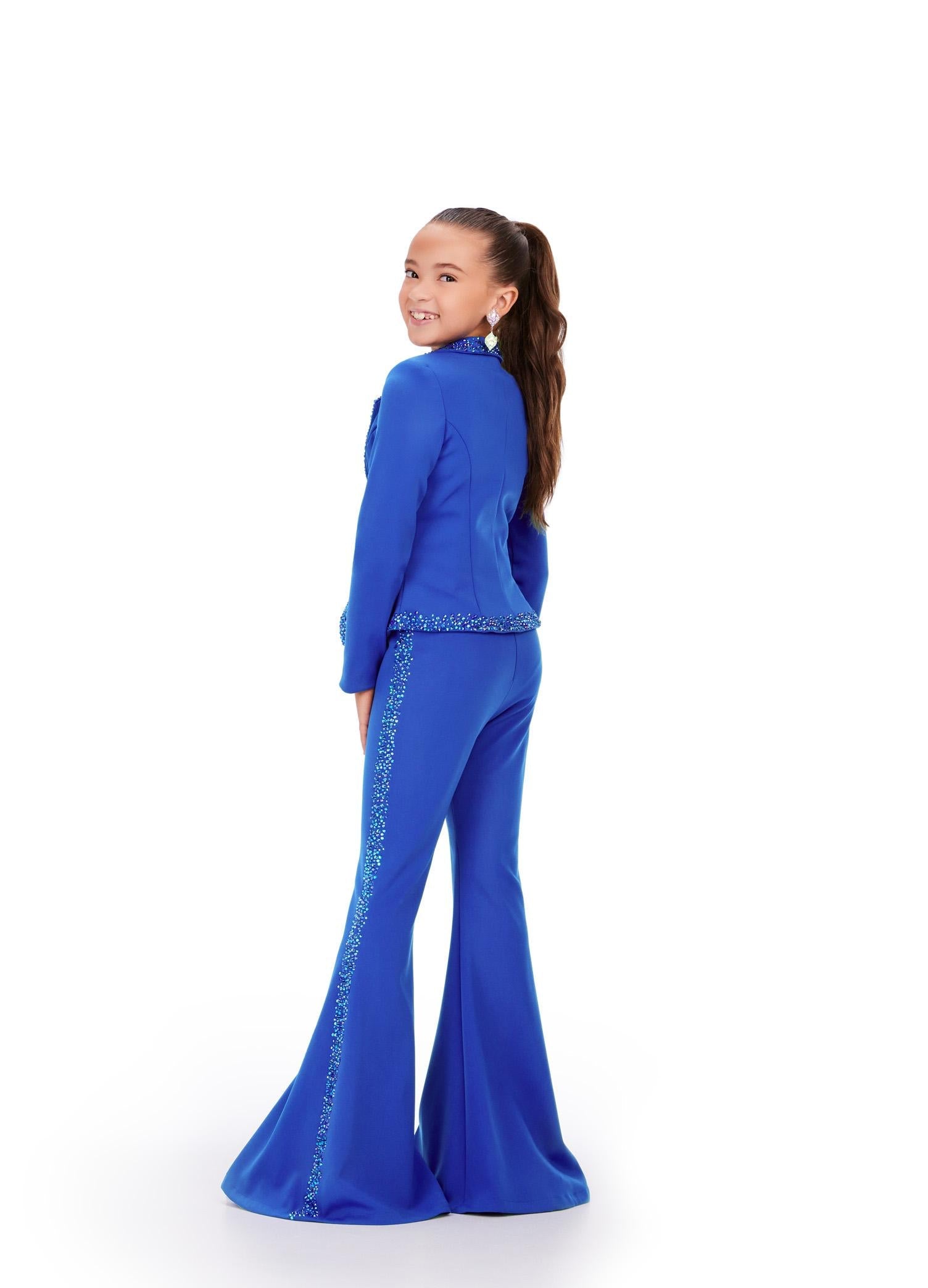 Back - ASHLEYlauren 8209 – A fun and fabulous scuba two-piece jumpsuit featuring press-on stone trim along the jacket and pant legs, with stylish flare pant legs for a bold, fashion-forward look. Perfect for making a statement!