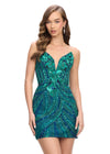 Blue/Jade ASHLEYlauren 4500 strapless gown featuring a plunging V-neckline, ornate sequin bead pattern, and striking V-back for a bold and glamorous look.