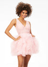 Blush ASHLEYlauren 4546 A-line cocktail dress featuring a V-neckline, ruched bustier with scattered embellishments, and a layered ruffle tulle skirt for a sweet and statement-making look.