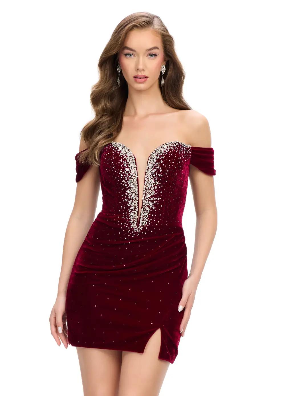 Burgundy ASHLEYlauren 4711 Velvet Off-Shoulder Cocktail Dress with Illusion V-Neckline and Lace-Up Back