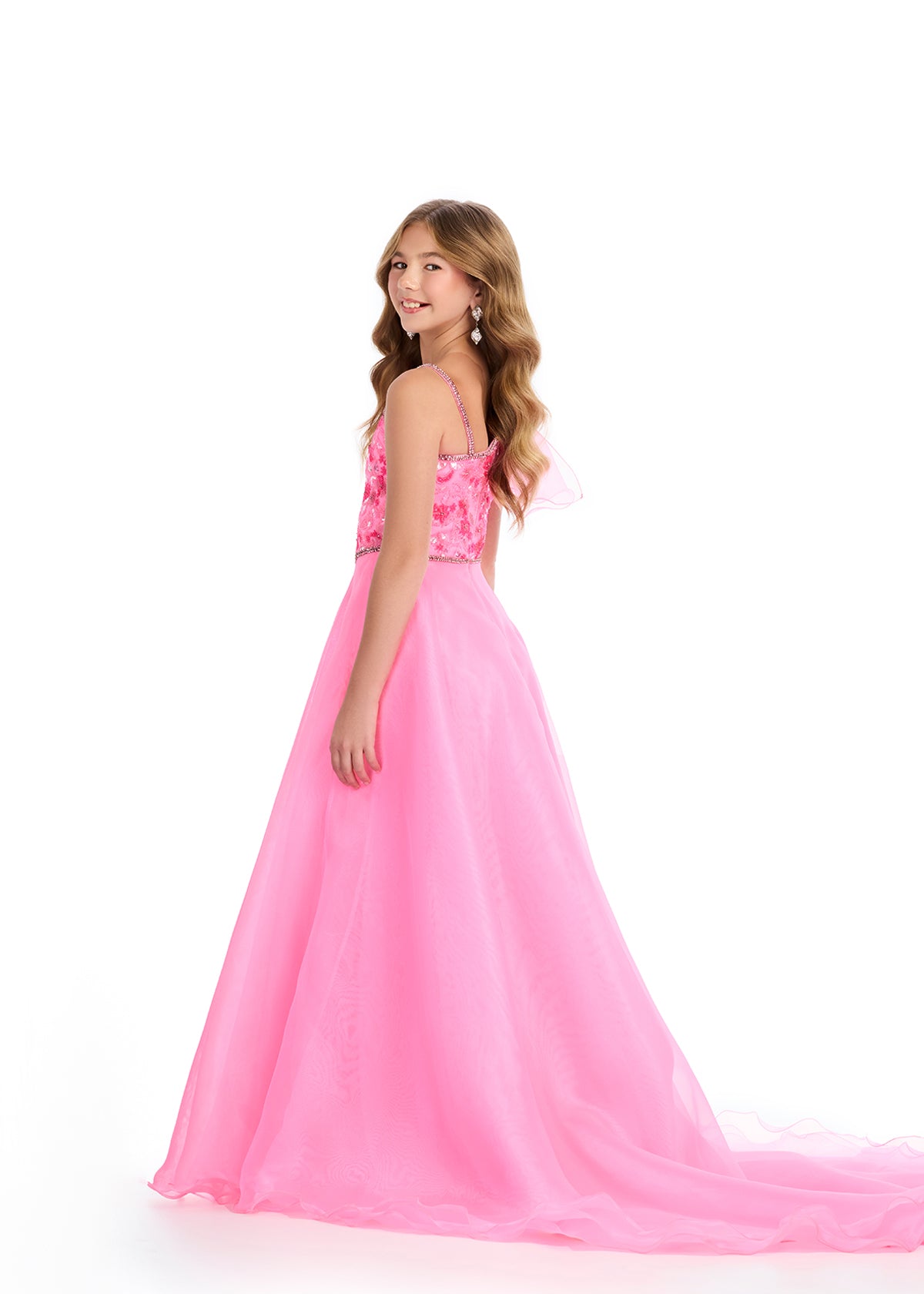 BAck - Pink ASHLEYlauren 8300 One-Shoulder Ball Gown with Fully Beaded Bustier, Oversized Organza Bow, and Flowing A-Line Skirt