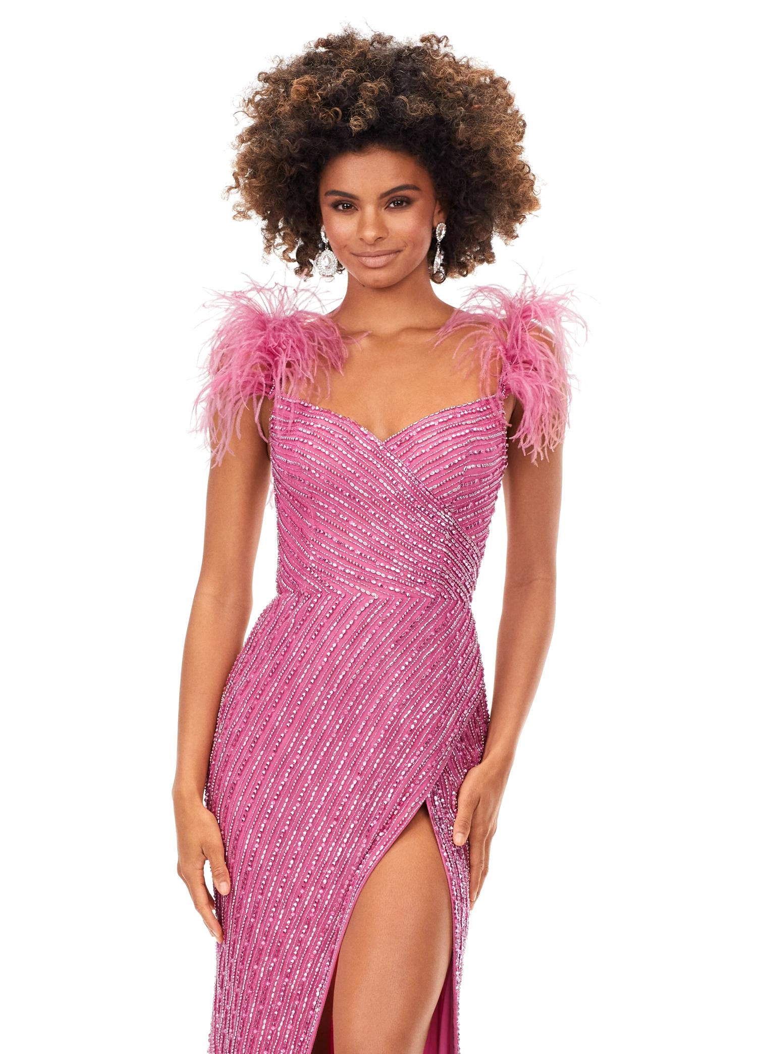 Close Up - Pink ASHLEYlauren 11367 beaded gown featuring a sweetheart neckline, detachable feather straps, wrap skirt, and left leg slit for an elegant and versatile look.