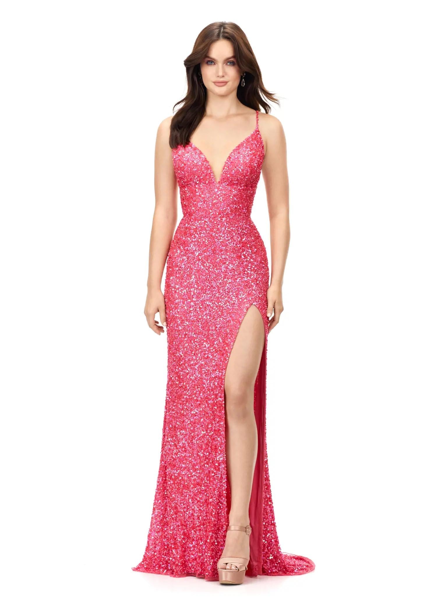 Electric WatermelonASHLEYlauren 11037 fully hand-beaded gown featuring adjustable spaghetti straps, a V-neckline, wide waistband to accentuate curves, lace-up back, and a left leg slit for an elegant and figure-enhancing look.