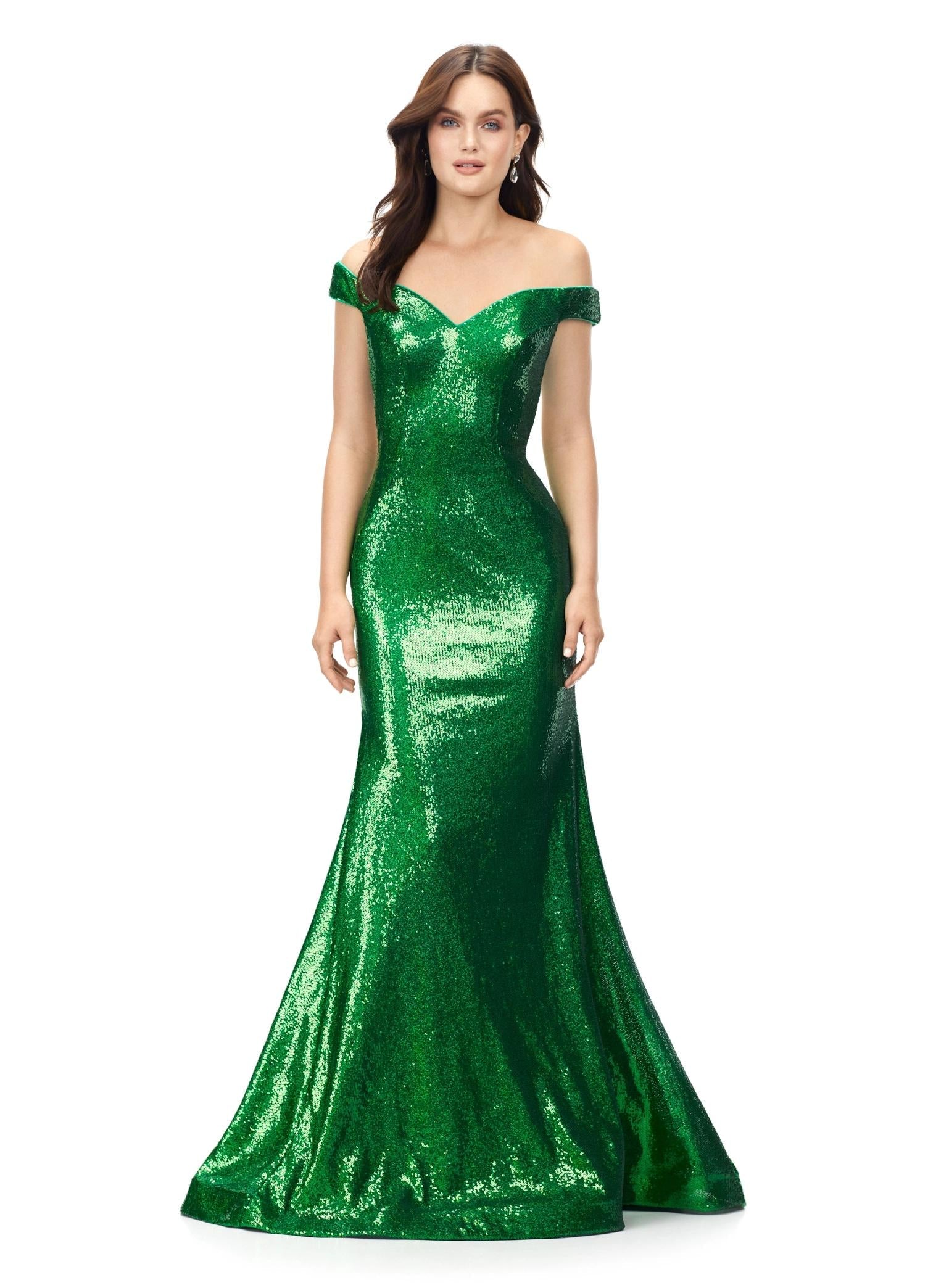 Emerald ASHLEYlauren 11107 Off-Shoulder Sequin Gown with Criss-Cross Open Back, Fit & Flare Silhouette, and Horsehair Hem