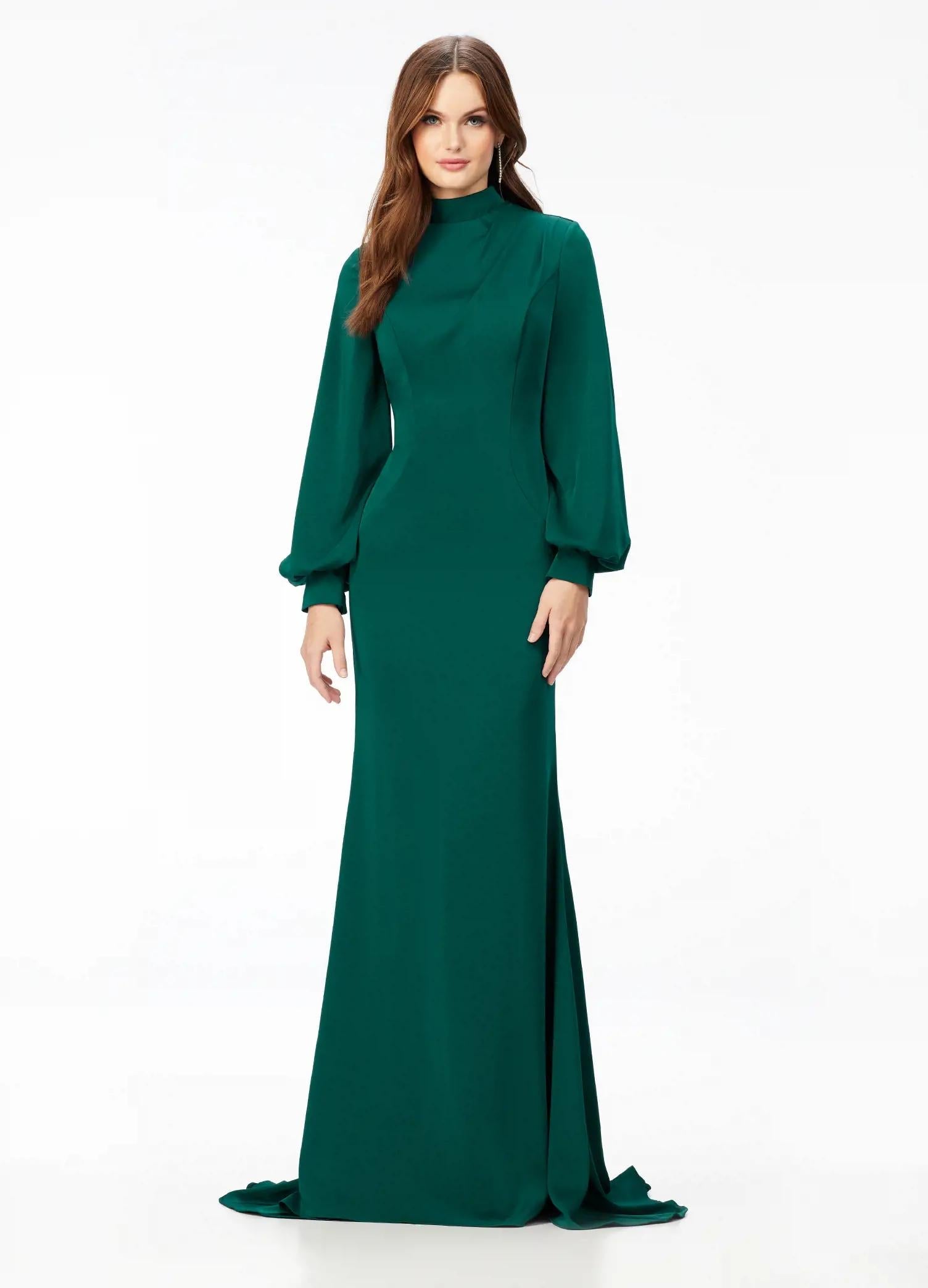 Emerald ASHLEYlauren 11219 – An ultra-glamorous high neckline crepe gown featuring balloon sleeves, contoured seaming for a perfect silhouette, an exposed zipper back, and a sweeping train. Ideal for making a sophisticated statement at any event.