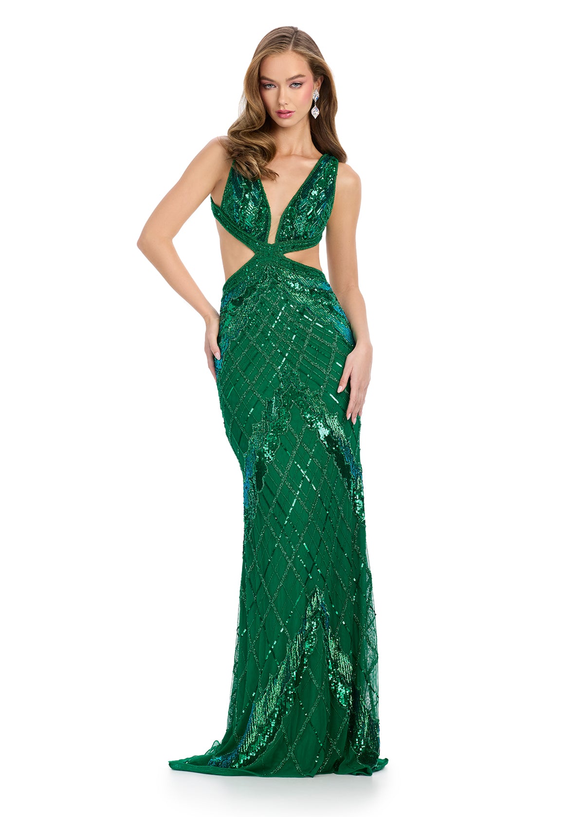 Emerald ASHLEYlauren 11825 Fully Beaded Gown with Plunging V-Neckline, Side Cut-Outs, Lace-Up Back, and Organza Detailing