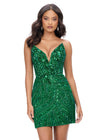 Emerald ASHLEYlauren 4500 strapless gown featuring a plunging V-neckline, ornate sequin bead pattern, and striking V-back for a bold and glamorous look. 