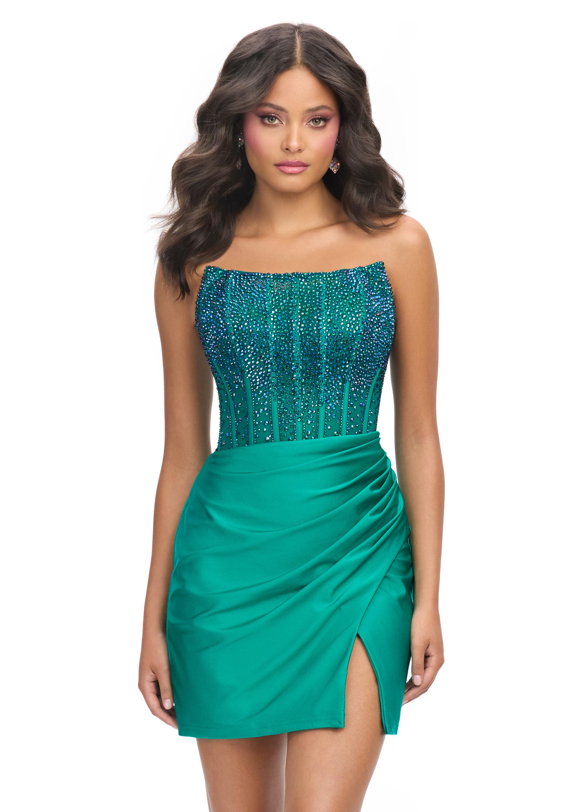 Emerald ASHLEYlauren 4686 strapless cocktail dress featuring a corset bustier embellished with press-on stones, a sleek jersey skirt, and a left leg slit for a classic and glamorous look.