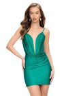 Emerald ASHLEYlauren 4693 cocktail dress featuring spaghetti straps, an illusion V-neckline, corset bustier, press-on stone embellishments, and a fitted skirt for a glamorous and head-turning look.