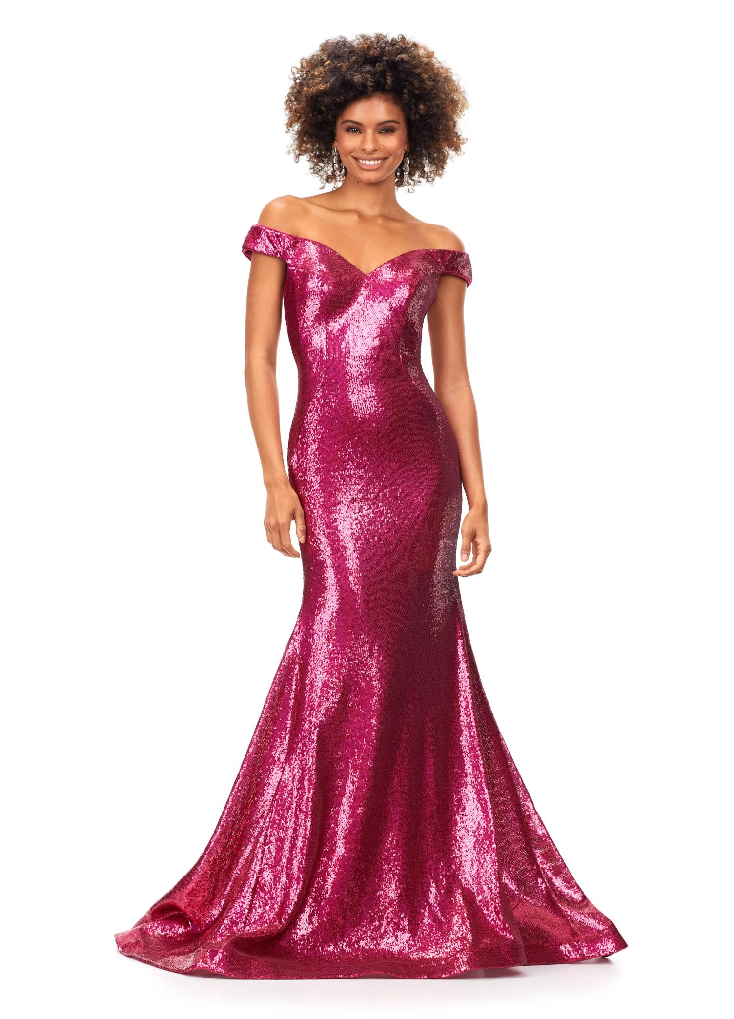 Fuchsia ASHLEYlauren 11107 Off-Shoulder Sequin Gown with Criss-Cross Open Back, Fit & Flare Silhouette, and Horsehair Hem