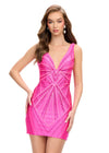 Fuchsia ASHLEYlauren 4723 V-Neck Cocktail Dress with Press-On Stones and Fitted Skirt