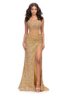 Gold ASHLEYlauren 11236 jaw-dropping strapless gown featuring a fitted silhouette, corset bustier with stunning crystal beadwork, a fully beaded wrap skirt, and a left leg slit for a glamorous red carpet-worthy look.