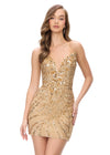 Gold ASHLEYlauren 4500 strapless gown featuring a plunging V-neckline, ornate sequin bead pattern, and striking V-back for a bold and glamorous look.