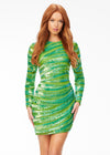 Green ASHLEYlauren 4508 glamorous hand-beaded gown featuring a high crew neckline, long sleeves, contoured striping for a flattering silhouette, and an asymmetrical sequin skirt for an elegant finish.