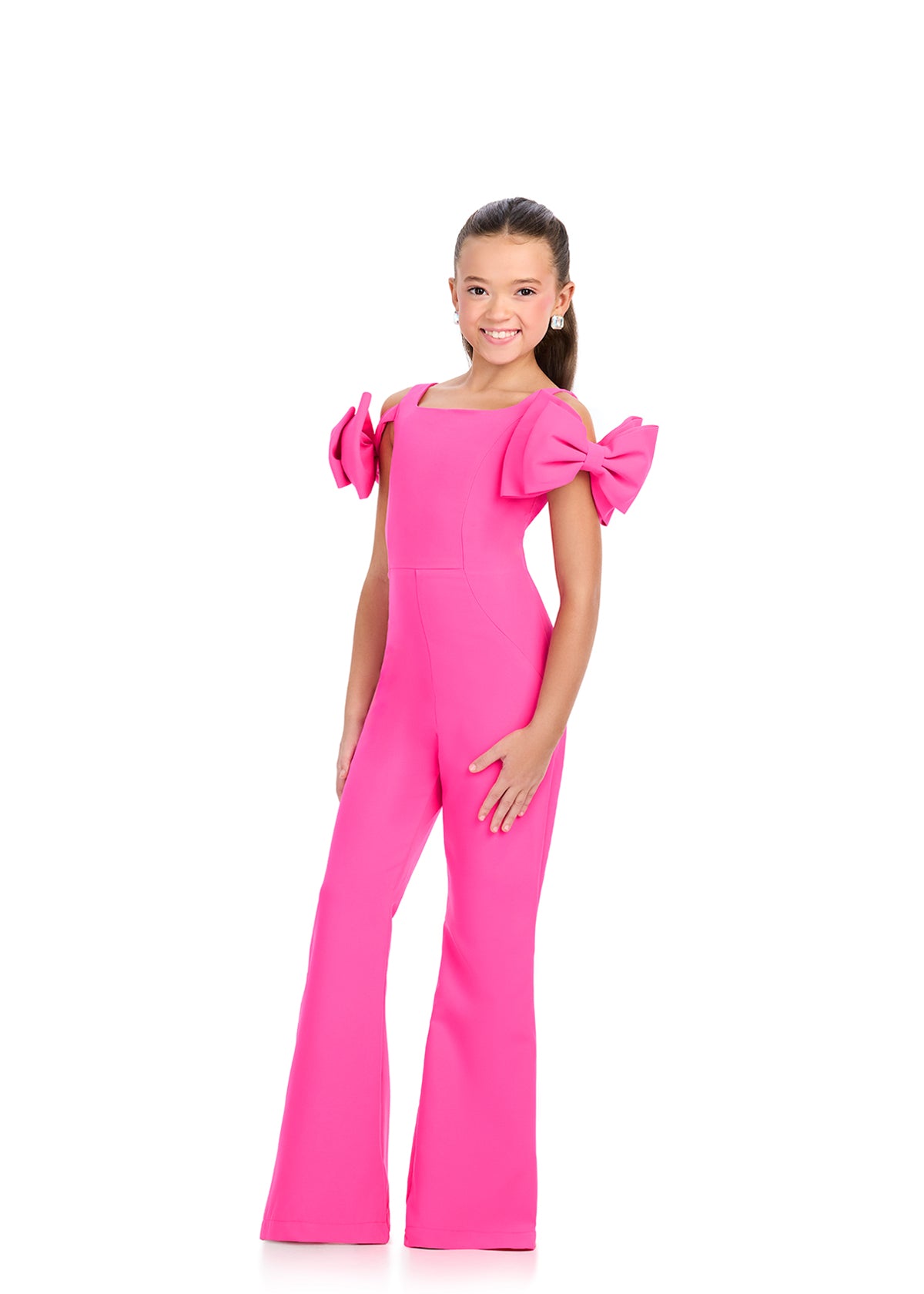 Pink ASHLEYlauren 8307 Jersey Jumpsuit with Off-Shoulder Bow Accents, Scoop Neckline, and V-Back