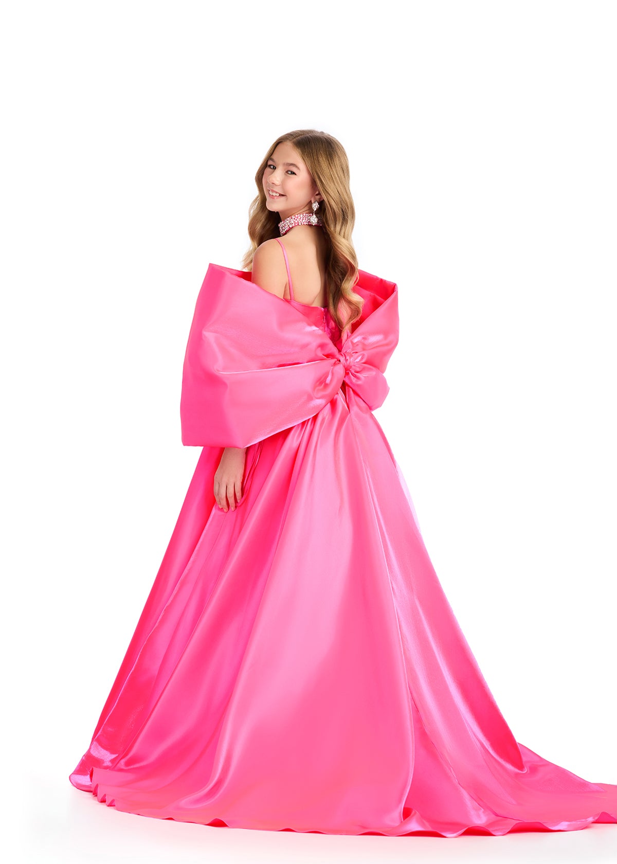 Back - Pink ASHLEYlauren 8321 Satin Bow Overskirt with Oversized Bow and Back Skirt Detail