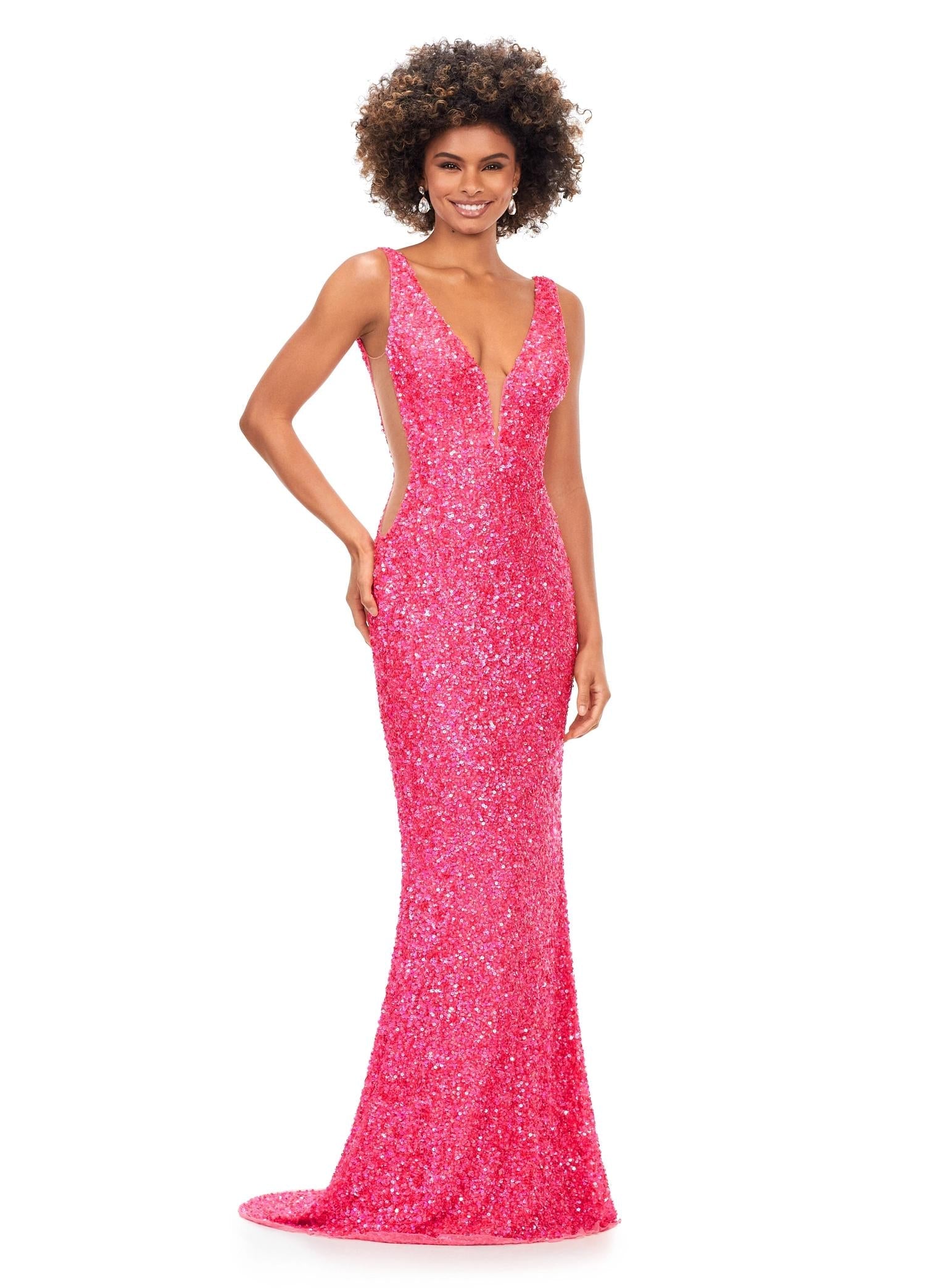 Pink ASHLEYlauren 11081 Hand Beaded Gown with Deep V-Neckline, V-Back, and Illusion Cut Outs