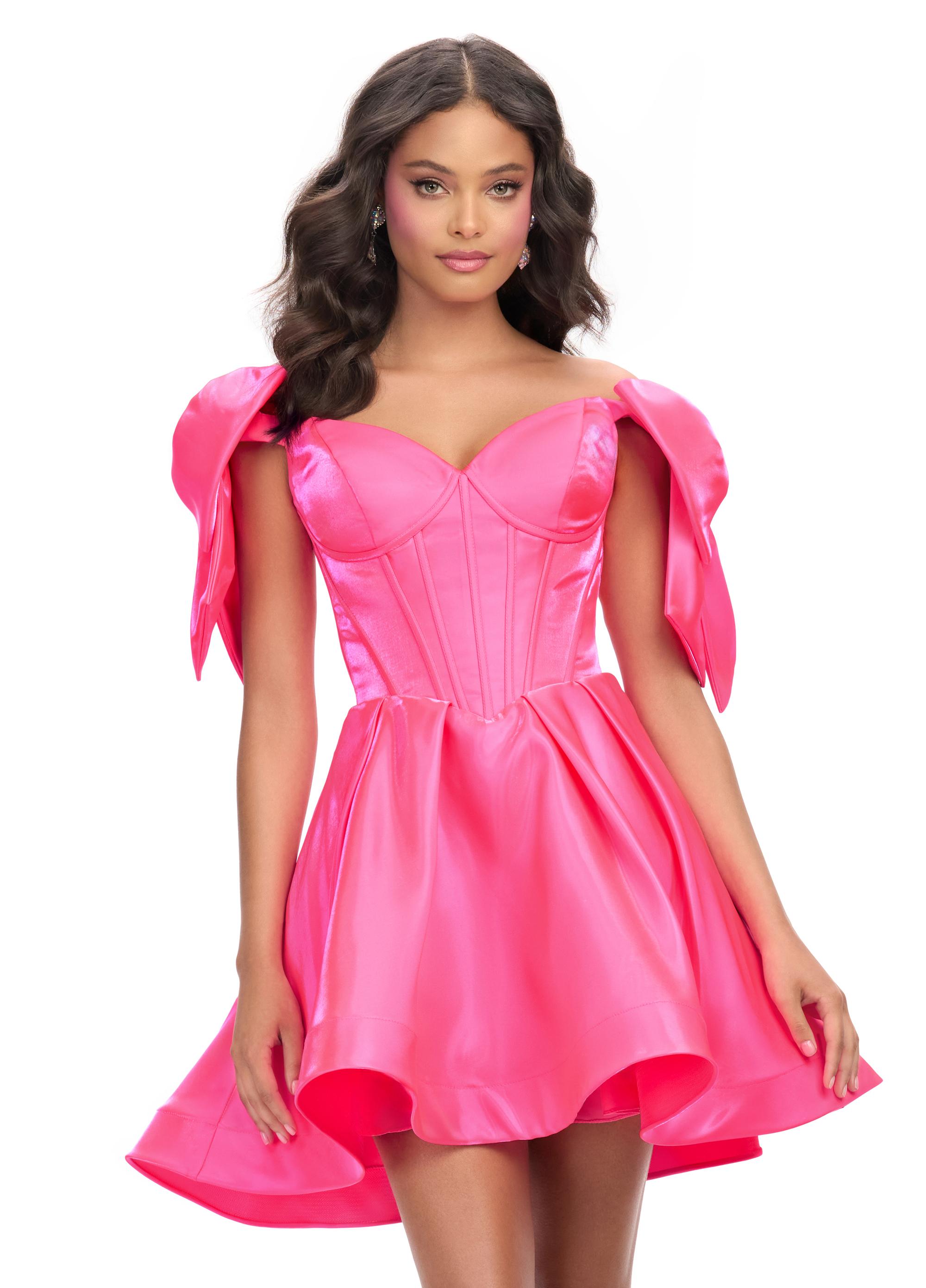 Hot Pink ASHLEYlauren 4788 satin cocktail dress featuring a sweetheart neckline, off shoulder bow details, corset bustier, and a full A-line skirt for a dainty, elegant, and timeless look.