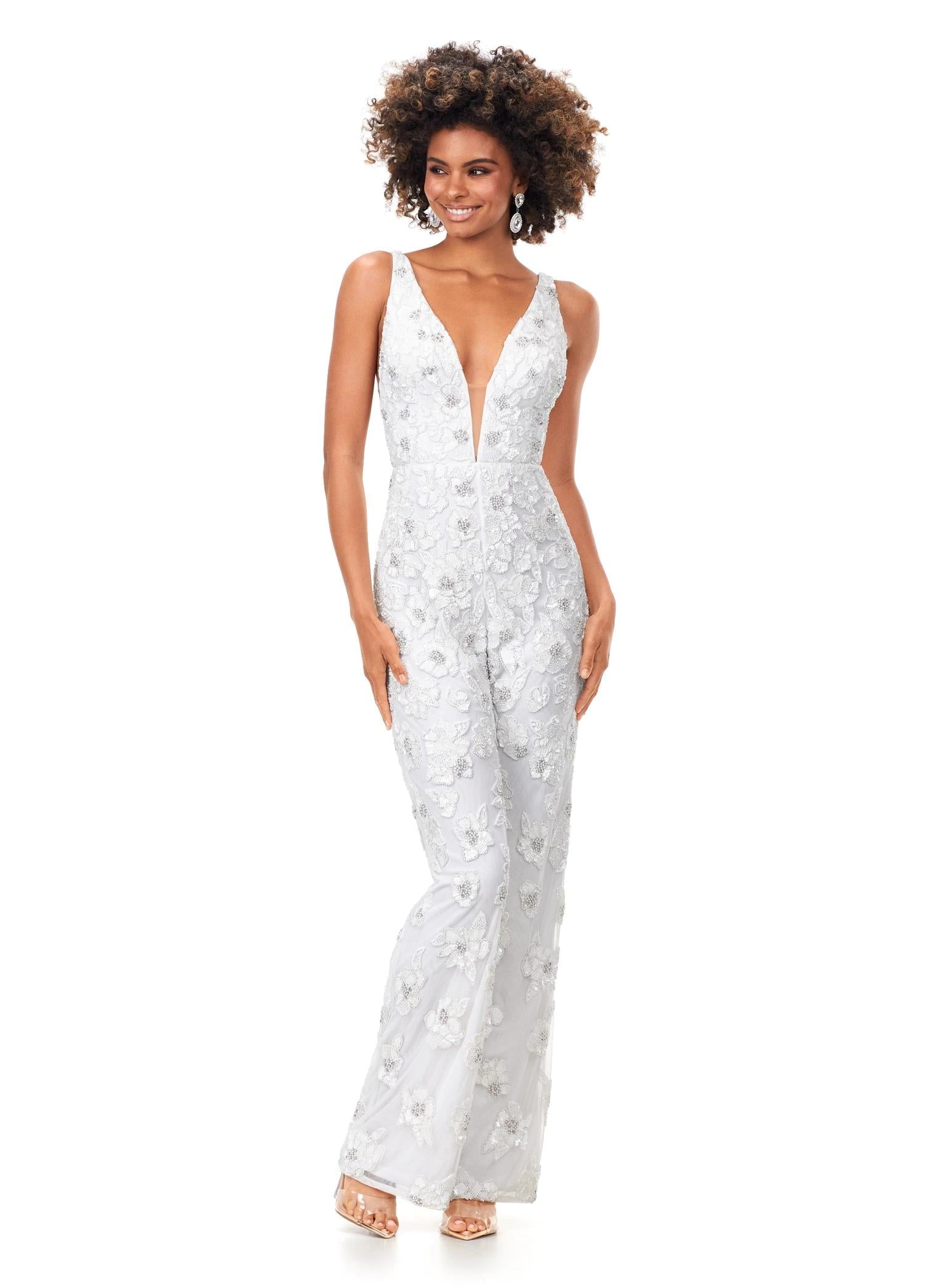 Ivory ASHLEYlauren 11355 fully hand-beaded jumpsuit featuring an intricate floral bead pattern, V-neckline, V-back, and straight leg pants.