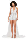 Ivory ASHLEYlauren 11386 halter romper featuring a deep V-neckline, open back, and a flowing chiffon overskirt for a chic and elegant look.