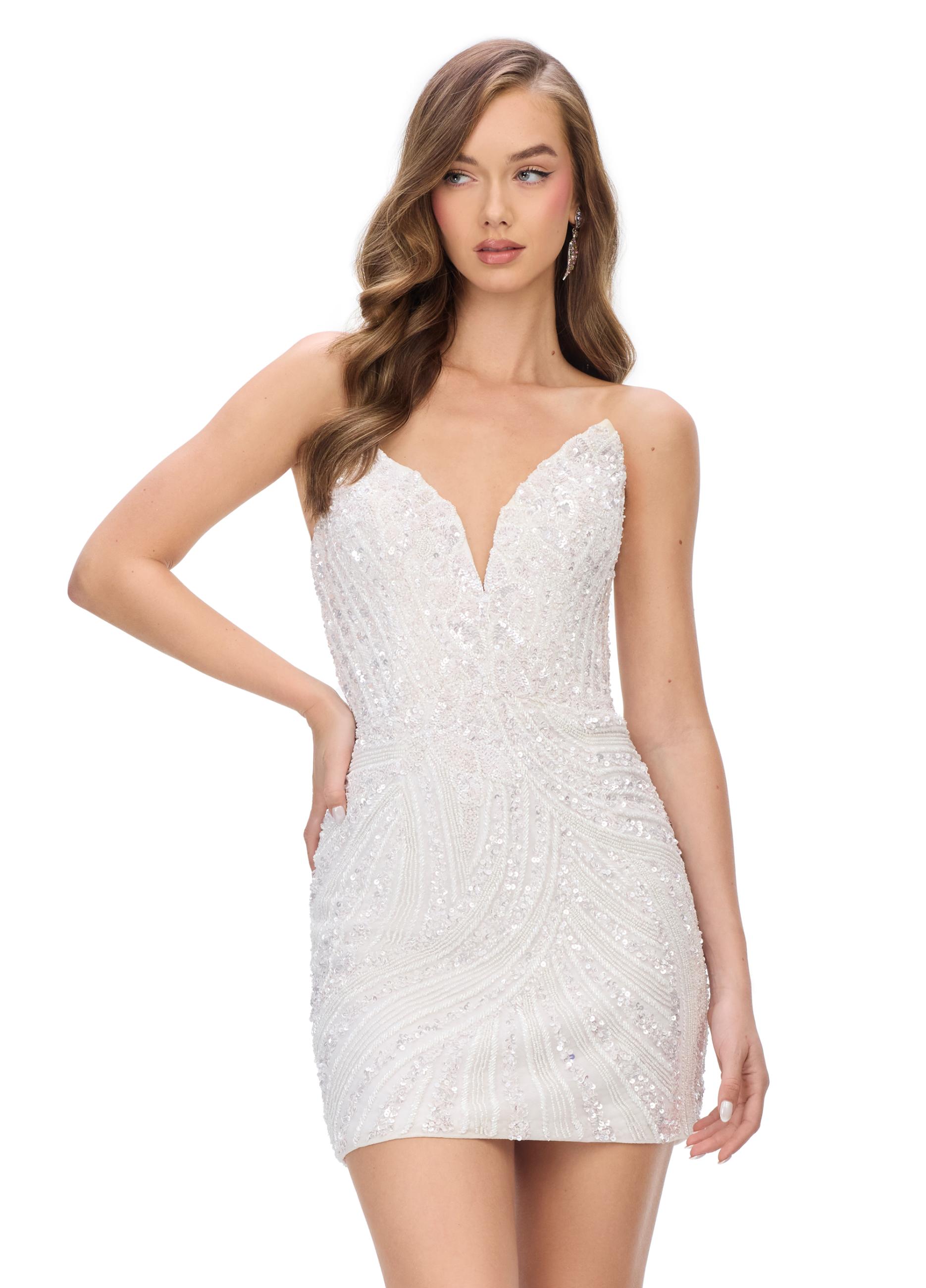 Ivory ASHLEYlauren 4500 strapless gown featuring a plunging V-neckline, ornate sequin bead pattern, and striking V-back for a bold and glamorous look. 