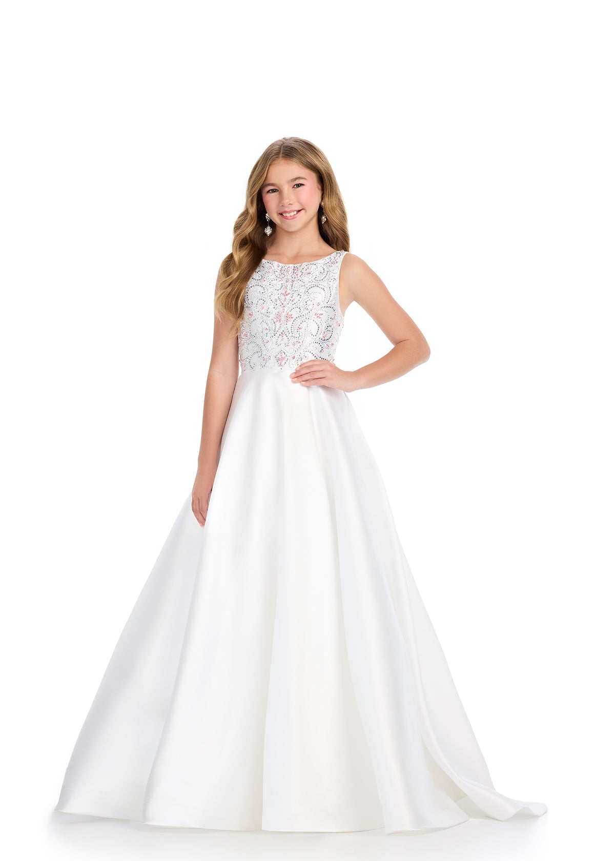 Ivory -  ASHLEYlauren 8314 Mikado Ball Gown with Crew Neckline, Press-On Beaded Bustier, A-Line Skirt, and V-Back