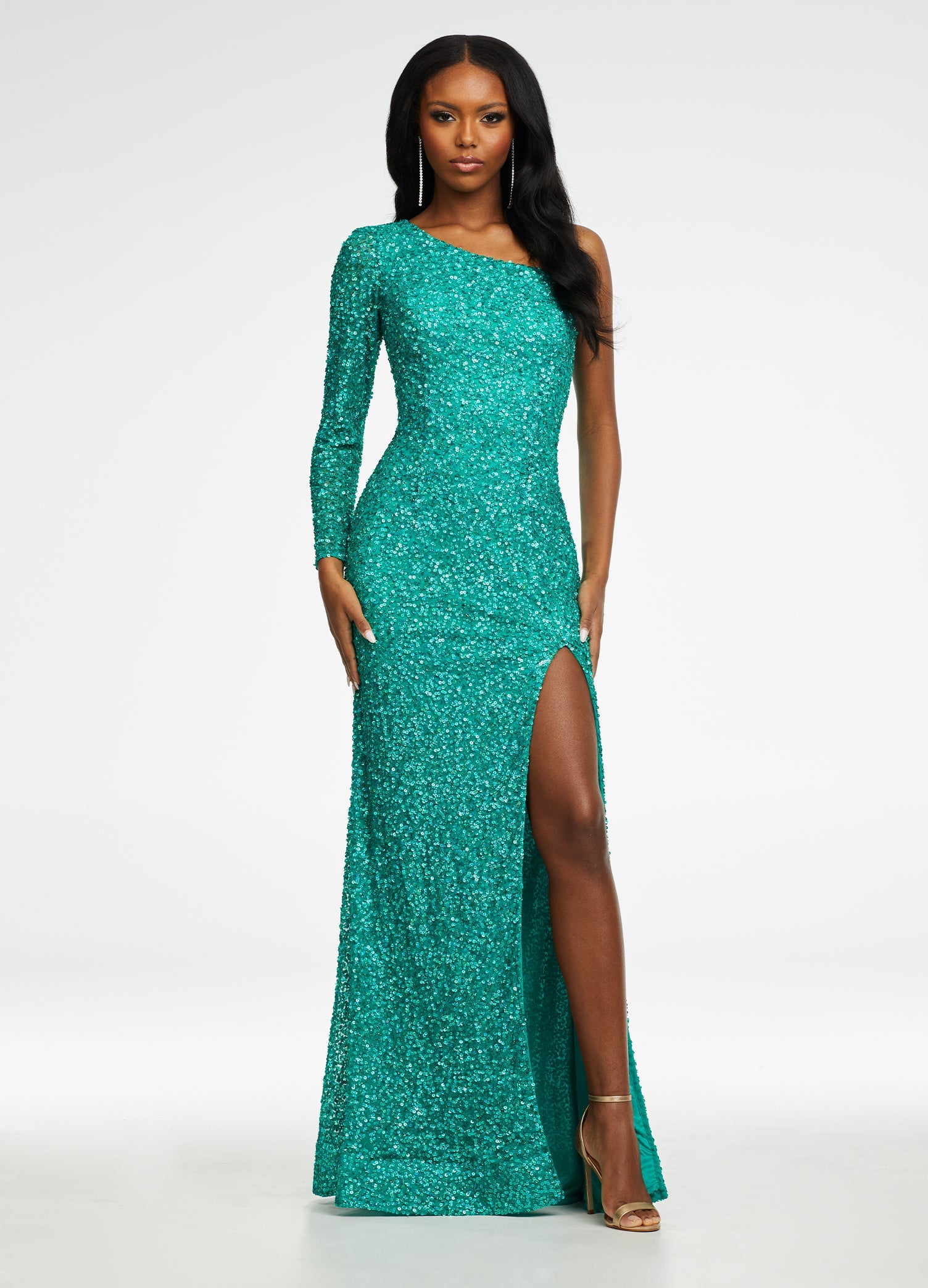 Jade ASHLEYlauren 1977 fitted hand-beaded dress featuring a one shoulder long sleeve, left leg slit, and a horsehair hem for an elegant and sophisticated look.