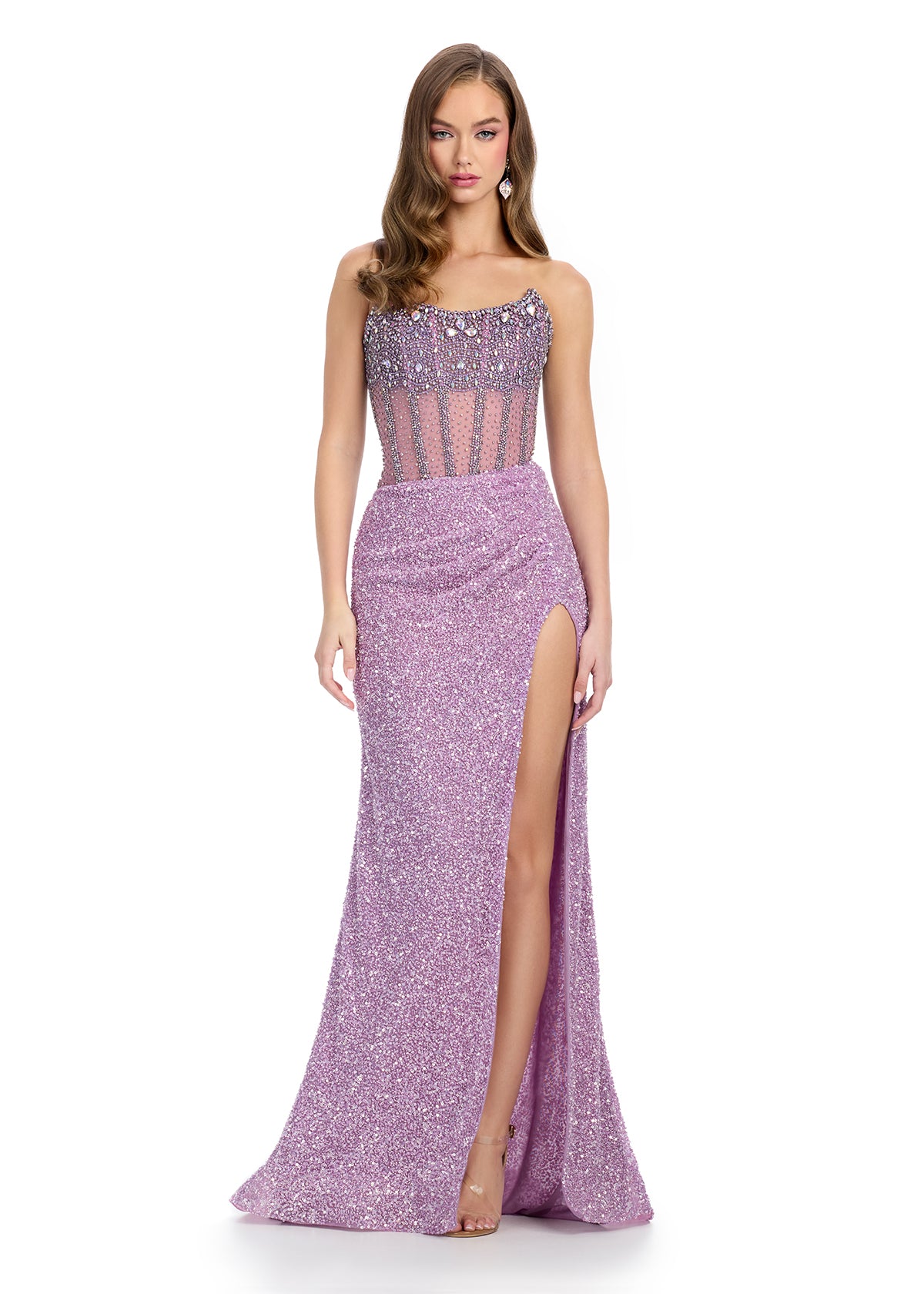 Lilac ASHLEYlauren 11830 dazzling fully hand-beaded gown featuring a sweetheart neckline, corset bustier, left leg slit, and a horsehair-trimmed skirt for a glamorous and elegant look.