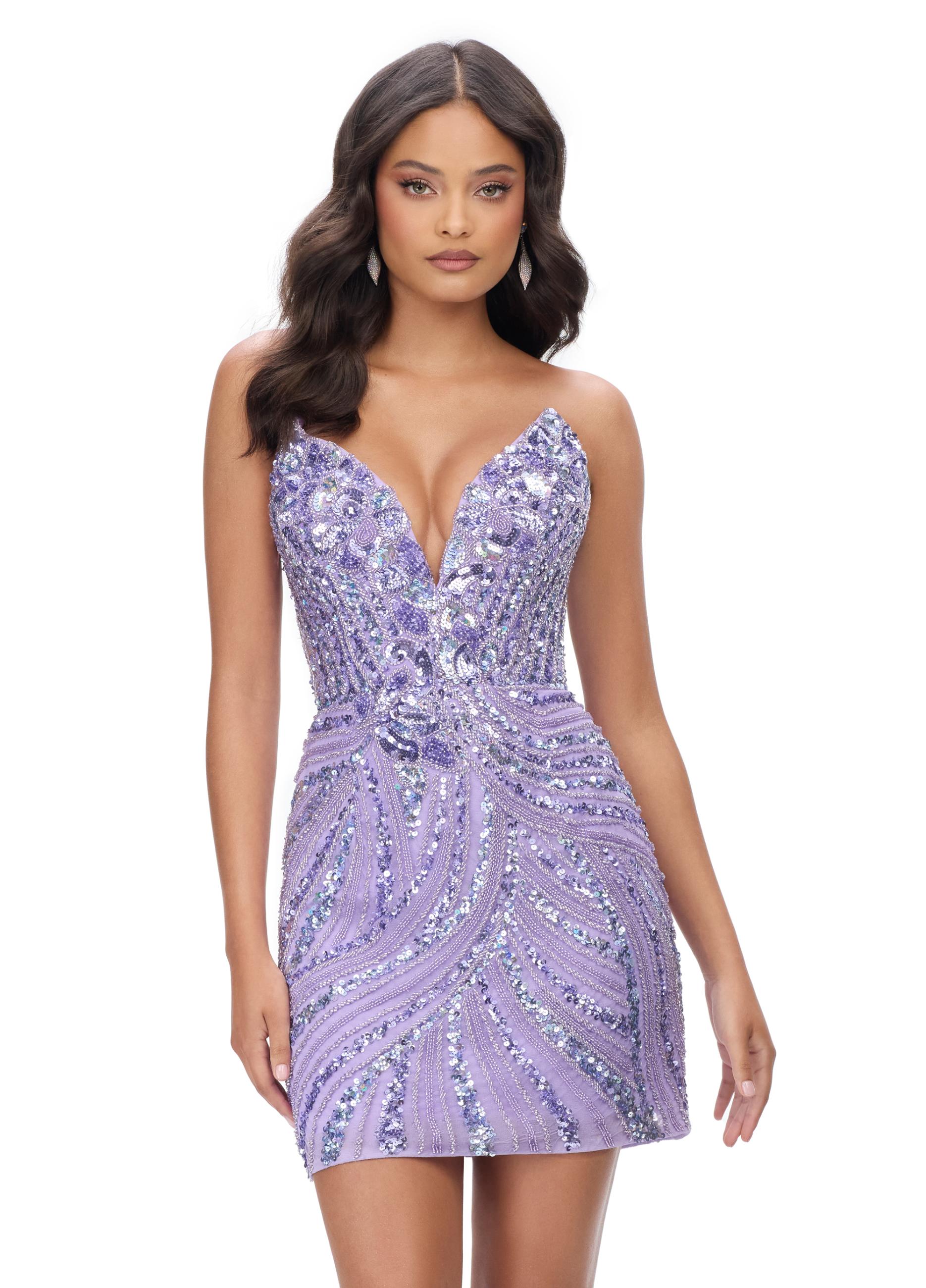 Lilac ASHLEYlauren 4500 strapless gown featuring a plunging V-neckline, ornate sequin bead pattern, and striking V-back for a bold and glamorous look.