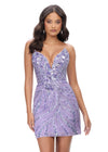 Lilac ASHLEYlauren 4500 strapless gown featuring a plunging V-neckline, ornate sequin bead pattern, and striking V-back for a bold and glamorous look.