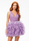 Lilac ASHLEYlauren 4546 A-line cocktail dress featuring a V-neckline, ruched bustier with scattered embellishments, and a layered ruffle tulle skirt for a sweet and statement-making look.