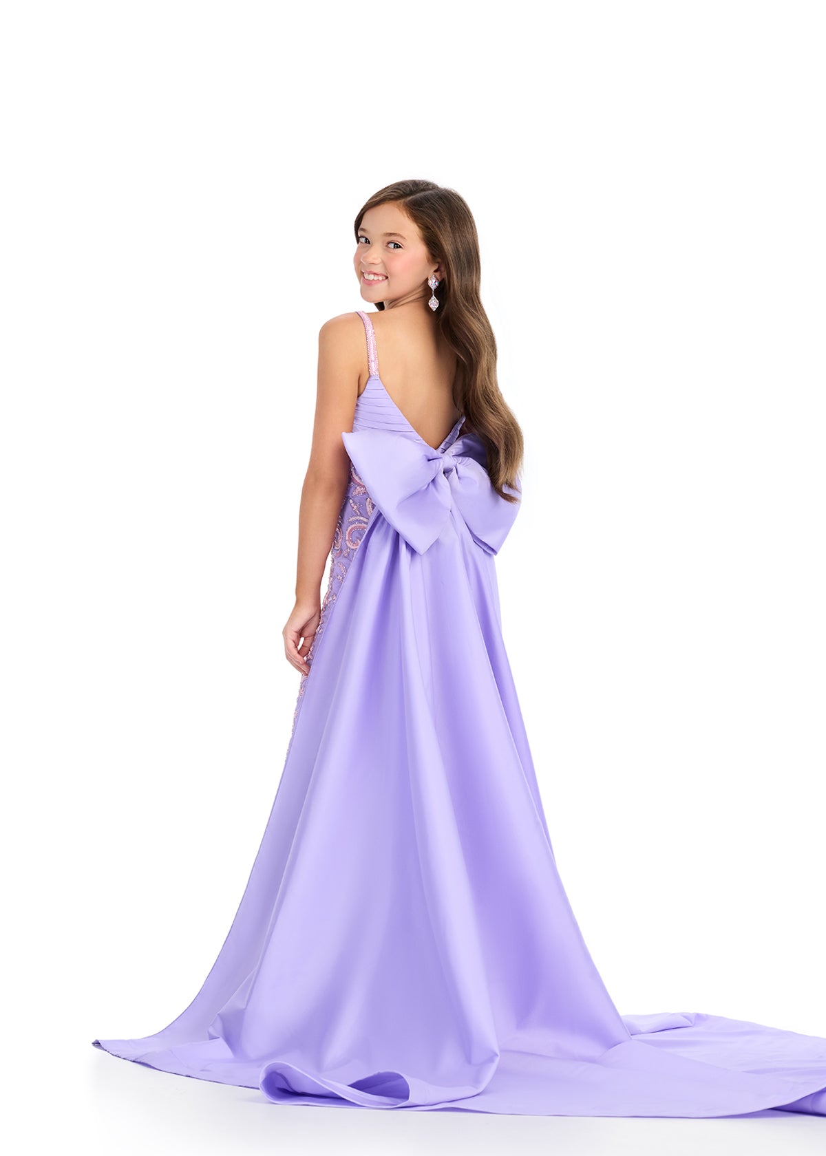 Back - Lilac ASHLEYlauren 8292 Spaghetti Strap Fully Beaded Jumpsuit with Oversized Bow and Flowing Taffeta Skirt with Train