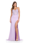 Lilac ASHLEYlauren 11691 Spaghetti Strap Gown with Beaded Corset Bustier, Press-On Stone Accents, and Left Leg Slit