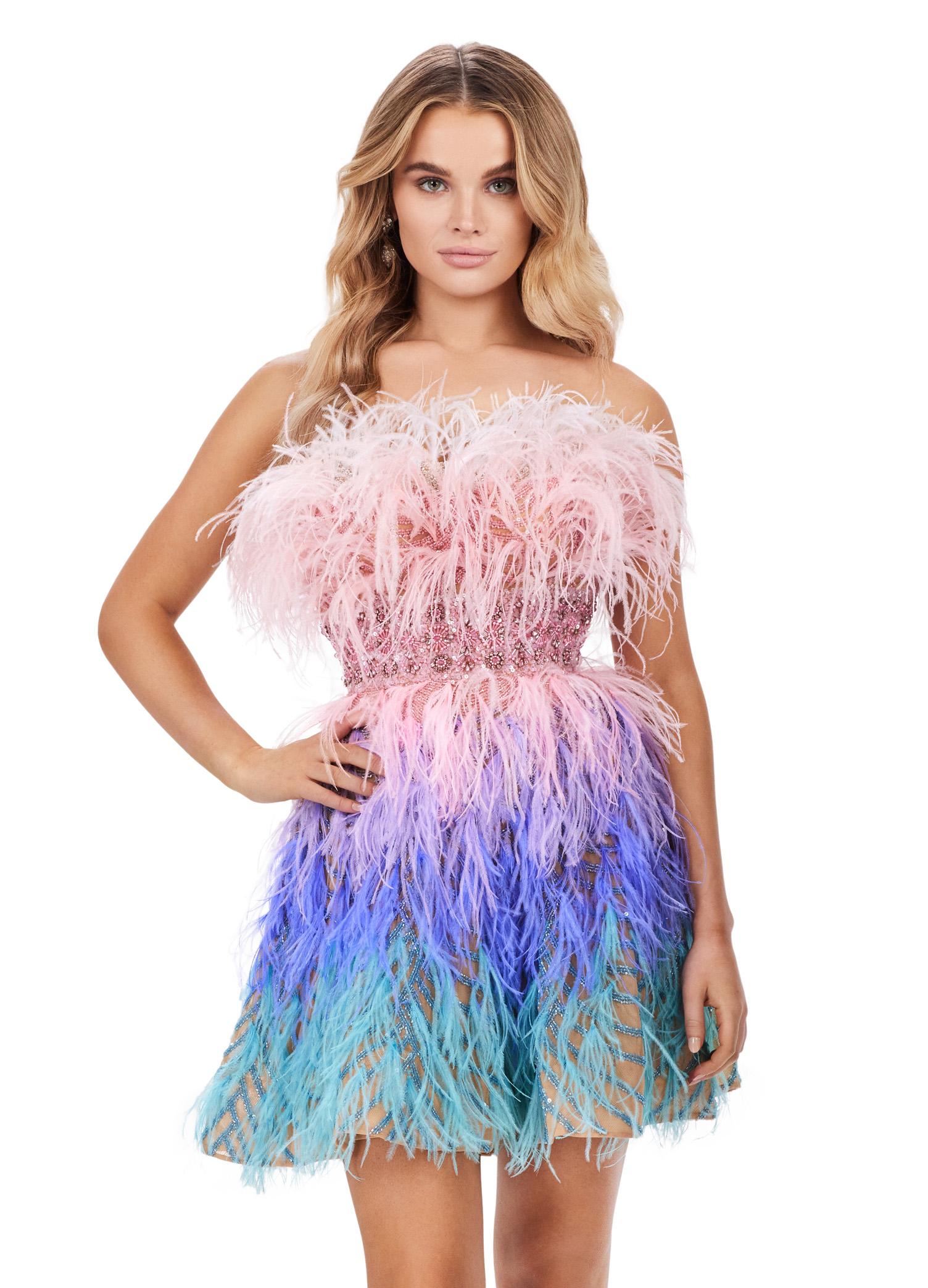 Multi ASHLEYlauren 4670 strapless cocktail dress featuring a fully beaded design, ombre feather details, a defined waistband, and an A-line skirt for a glamorous and dreamy look.