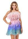 Multi ASHLEYlauren 4670 strapless cocktail dress featuring a fully beaded design, ombre feather details, a defined waistband, and an A-line skirt for a glamorous and dreamy look.