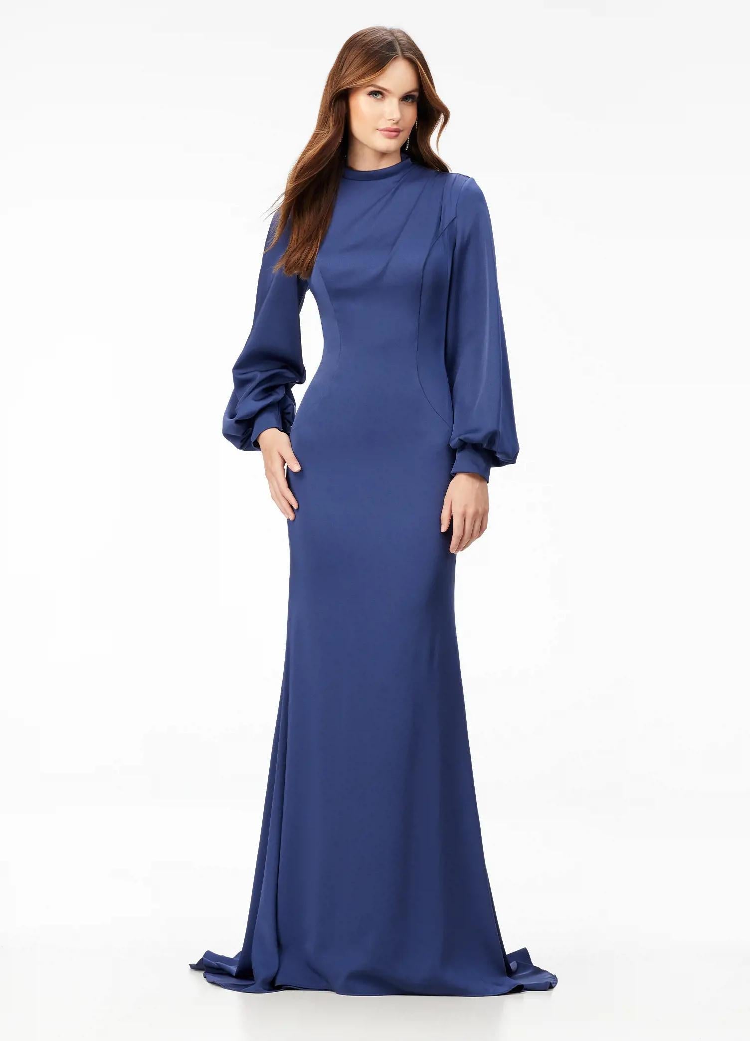 Navy ASHLEYlauren 11219 – An ultra-glamorous high neckline crepe gown featuring balloon sleeves, contoured seaming for a perfect silhouette, an exposed zipper back, and a sweeping train. Ideal for making a sophisticated statement at any event.