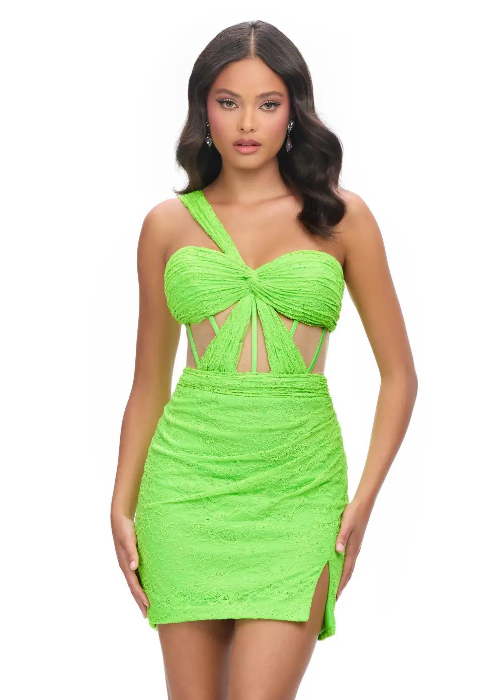 Neon Green ASHLEYlauren 4694 pink cocktail dress featuring spaghetti straps, an illusion V-neckline, corset bustier, press-on stone embellishments, and a fitted skirt for a glamorous and head-turning look.