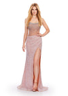 Nude ASHLEYlauren 11236 jaw-dropping strapless gown featuring a fitted silhouette, corset bustier with stunning crystal beadwork, a fully beaded wrap skirt, and a left leg slit for a glamorous red carpet-worthy look.