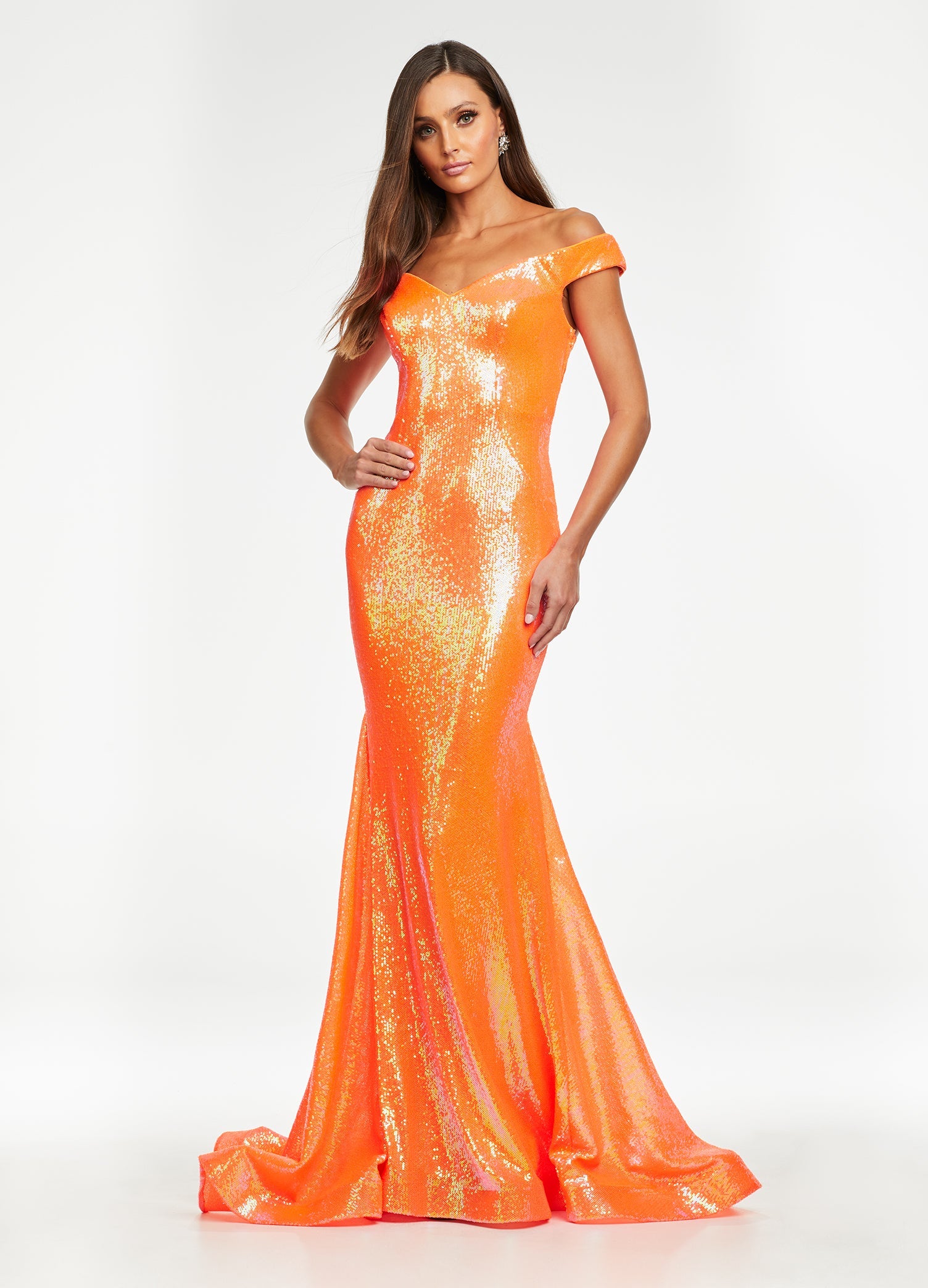 Orange ASHLEYlauren 11107 Off-Shoulder Sequin Gown with Criss-Cross Open Back, Fit & Flare Silhouette, and Horsehair Hem