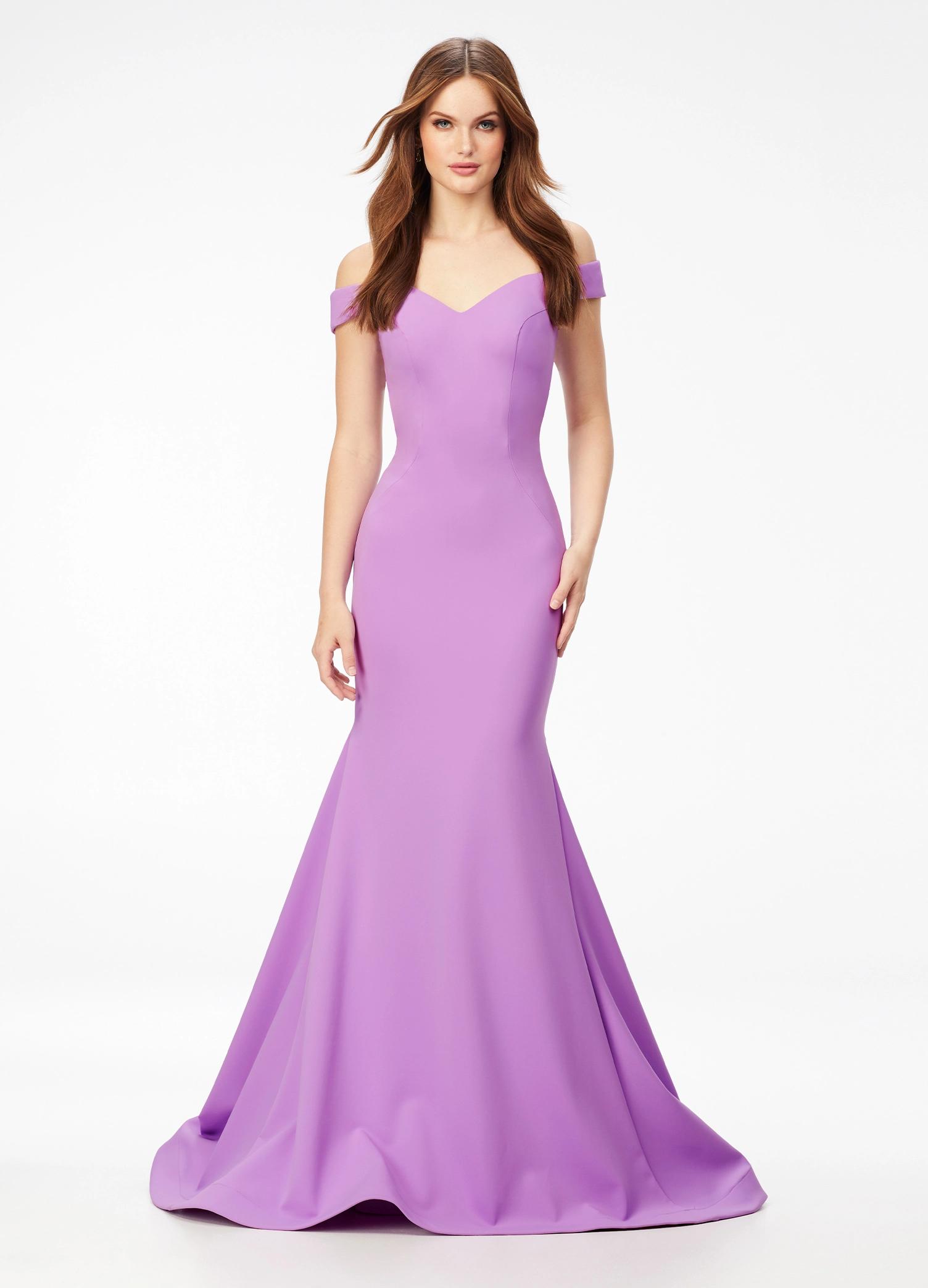 Orchid ASHLEYlauren 11025 off shoulder scuba gown featuring a sweetheart neckline, signature crisscross strappy back, fitted silhouette, and a sweep train for an elegant and sophisticated look.