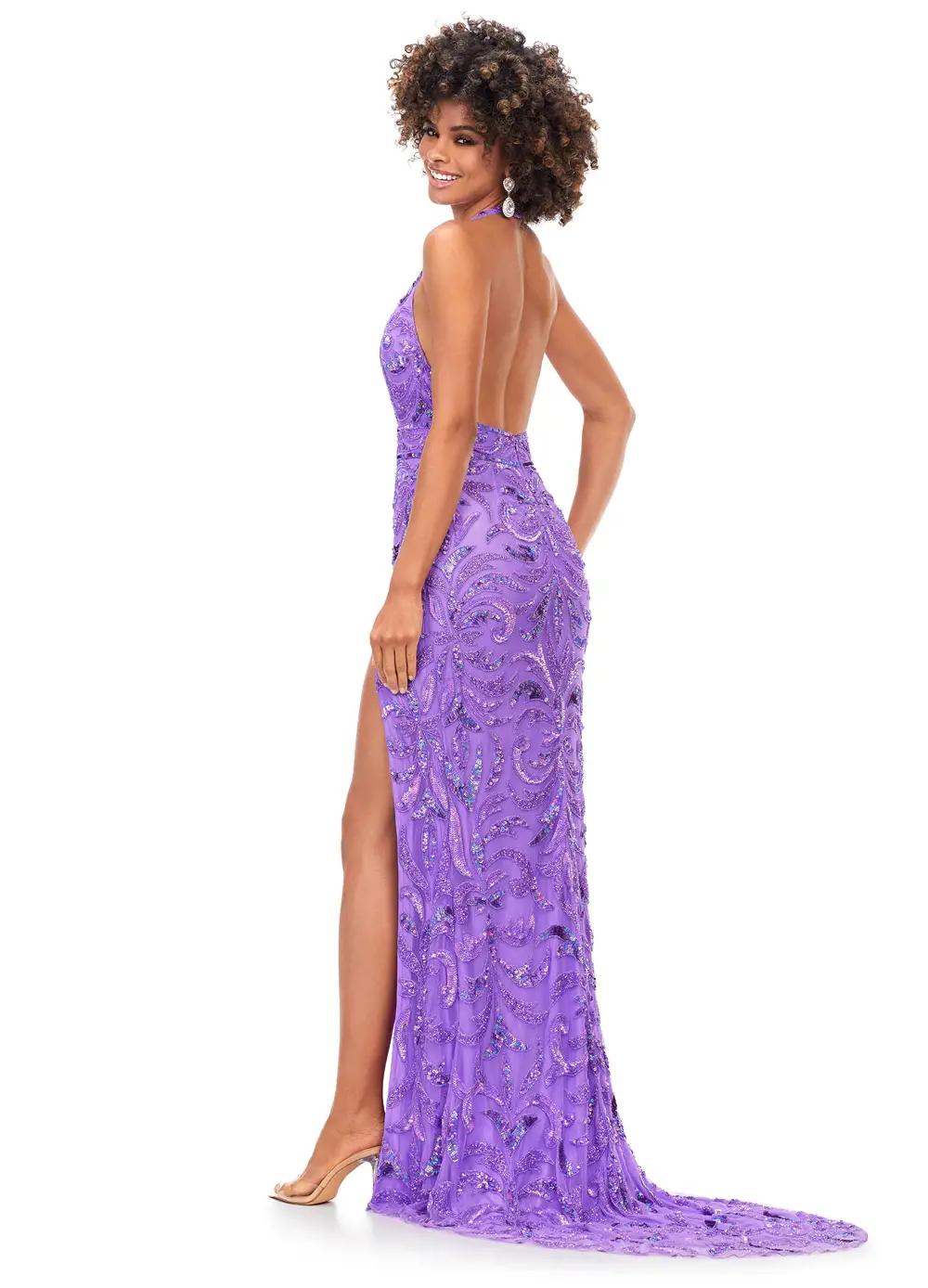 Back - Orchid ASHLEYlauren 11283 halter gown featuring a V-neckline, open back, intricate beading throughout, and a left leg slit.