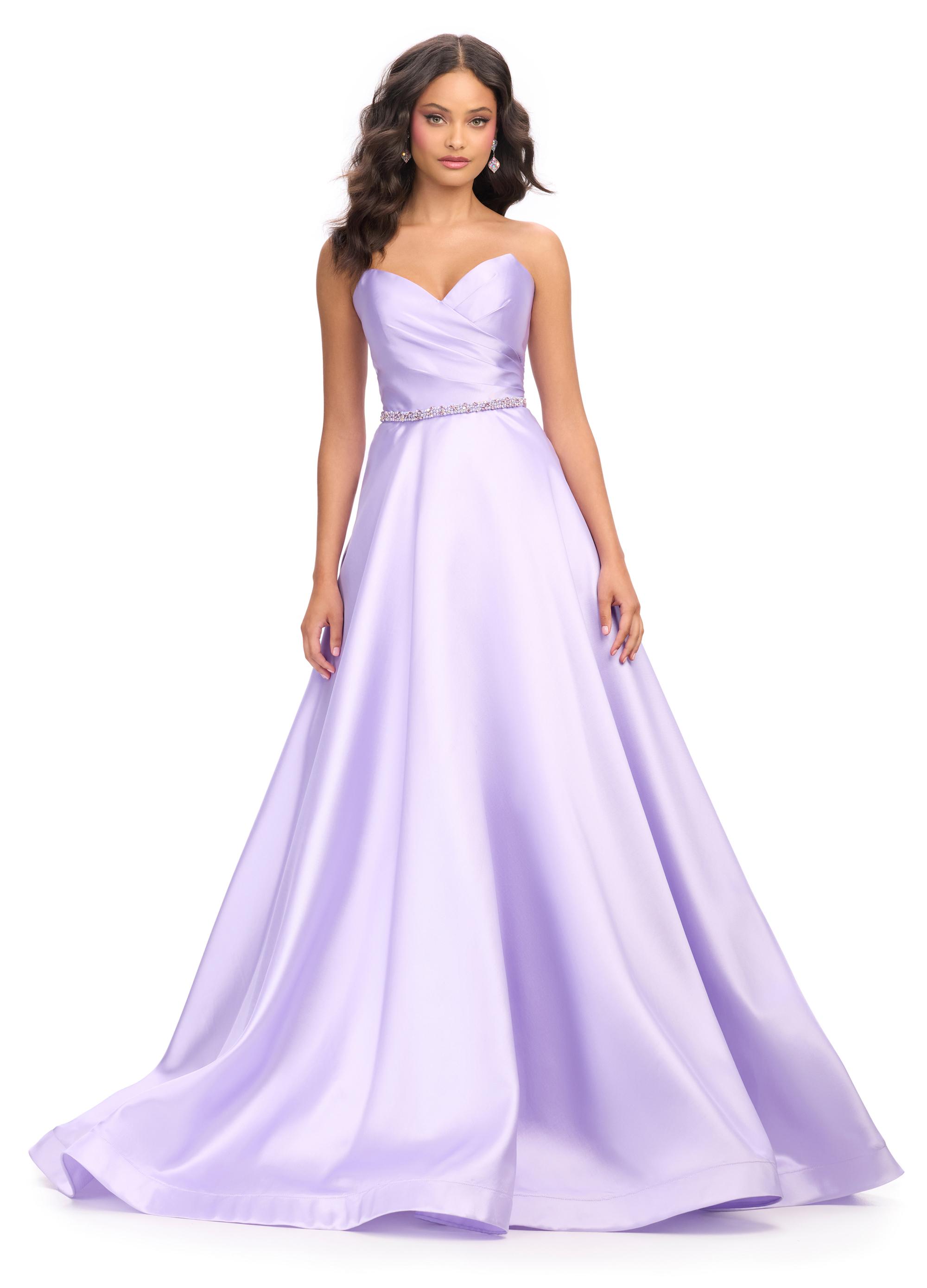 Orchid ASHLEYlauren 11773 elegant Mikado ball gown featuring a flattering sweetheart neckline, beaded belt, and a full ball gown skirt for a regal and timeless look.