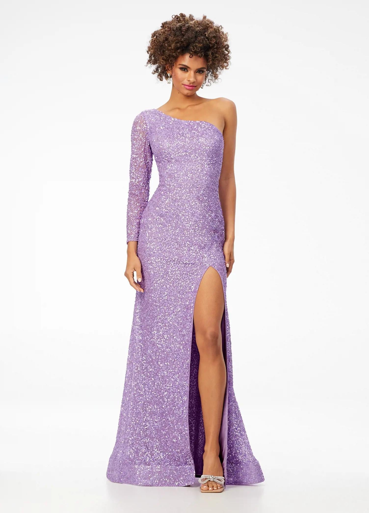 Orchid ASHLEYlauren 1977 fitted hand-beaded dress featuring a one shoulder long sleeve, left leg slit, and a horsehair hem for an elegant and sophisticated look. Back