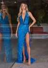 Peacock - ASHLEYlauren 11805 Fully Beaded Gown with Halter Neckline, Deep V-Neck, Open Back, and Left Leg Slit