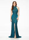 Peacock ASHLEYlauren 11177 – An intricately hand-beaded halter gown featuring a stunning beaded motif, low open back, center slit, and a sweeping train. Perfect for making a show-stopping statement at any event.