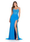 Peacock ASHLEYlauren 11691 Spaghetti Strap Gown with Beaded Corset Bustier, Press-On Stone Accents, and Left Leg Slit