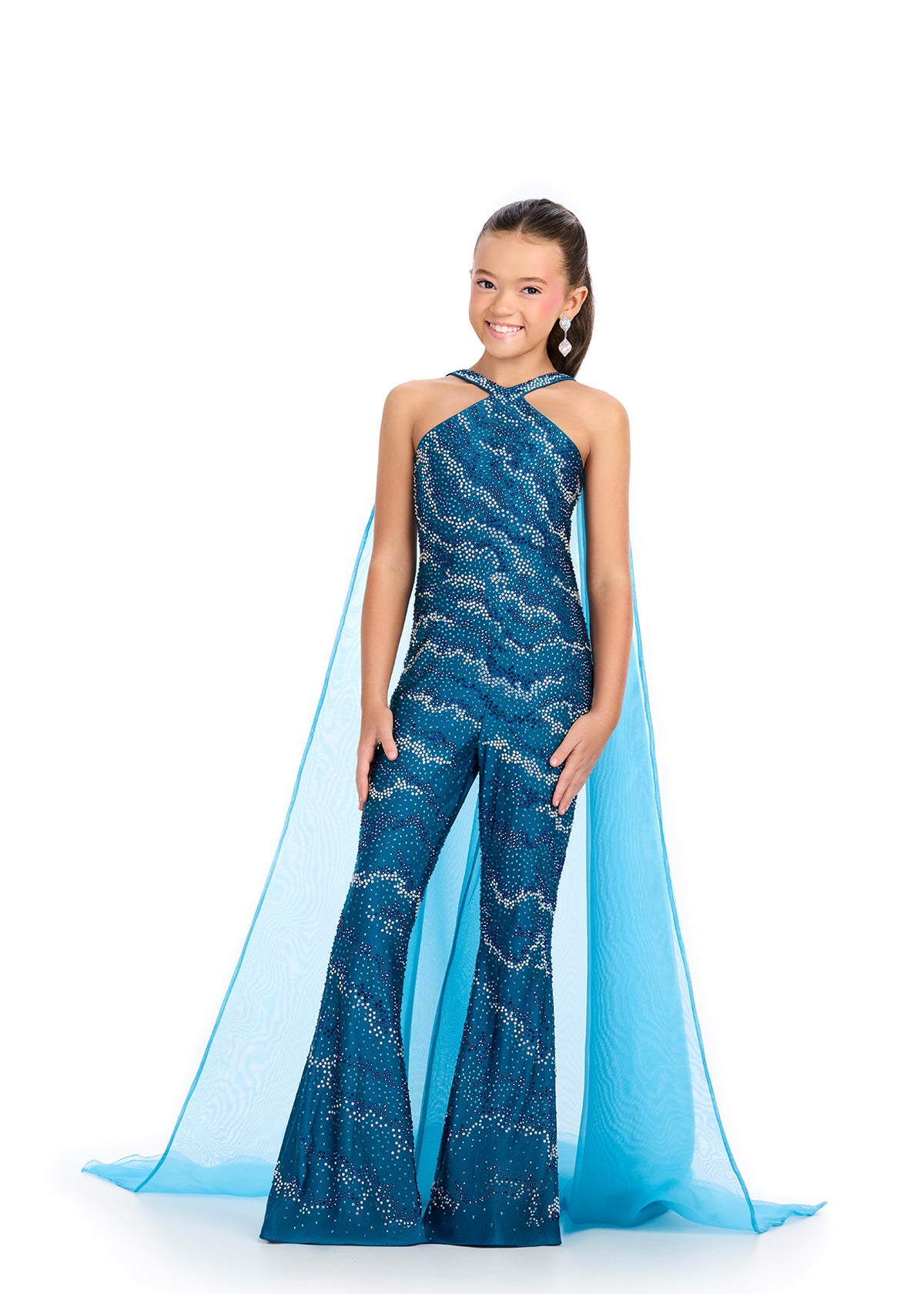 Peacock ASHLEYlauren 8312 Jersey Jumpsuit with Halter Neckline, Open Back, Press-On Beading, and Flowing Organza Cape