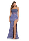 Periwinkle ASHLEYlauren 11236 jaw-dropping strapless gown featuring a fitted silhouette, corset bustier with stunning crystal beadwork, a fully beaded wrap skirt, and a left leg slit for a glamorous red carpet-worthy look.