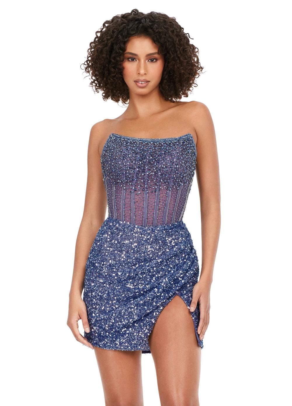 Periwinkle ASHLEYlauren 4564 strapless cocktail dress featuring an illusion bustier with exposed boning and a wrap sequin skirt for a modern and sophisticated look.